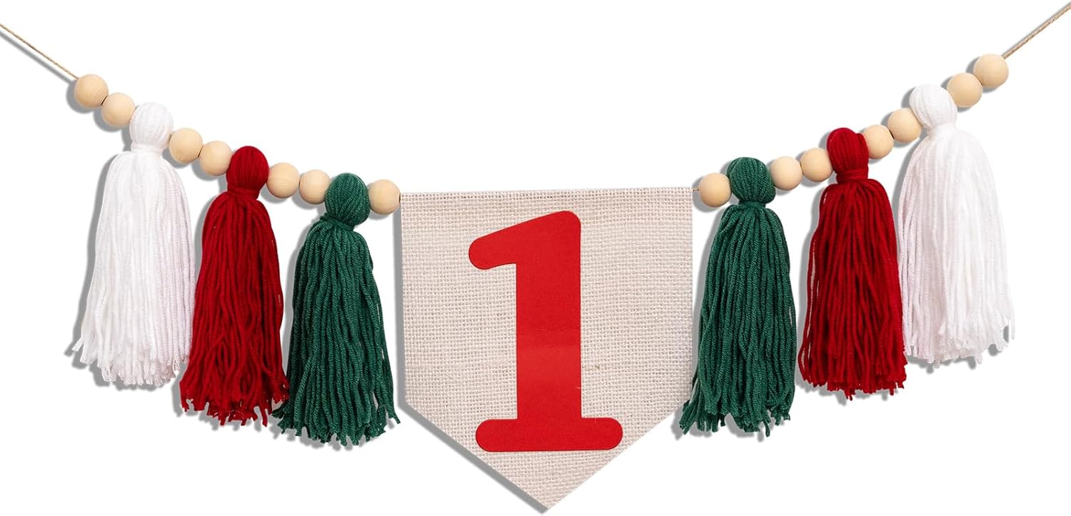 Christmas First Birthday High Chair Banner - Oh What Fun it is to be One Highchair Banner, Red and Green 1st Birthday Tassel Banner for Party, Cake Smash, Photo Props… - Image 8