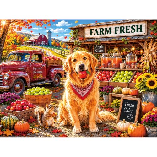 1500 Piece Jigsaw Puzzle for Adults – Autumn Farm Stand & Golden Retriever
