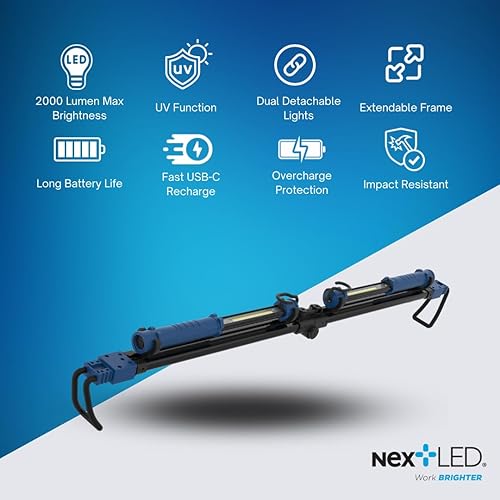Miniatura 9 de NextLED NT-2220LF-UV LED Luz de trabajo bajo el capó, 2000 lúmenes, batería recargable de 8000 mAh, luz UV, barra de luz mecánica desmontable debajo