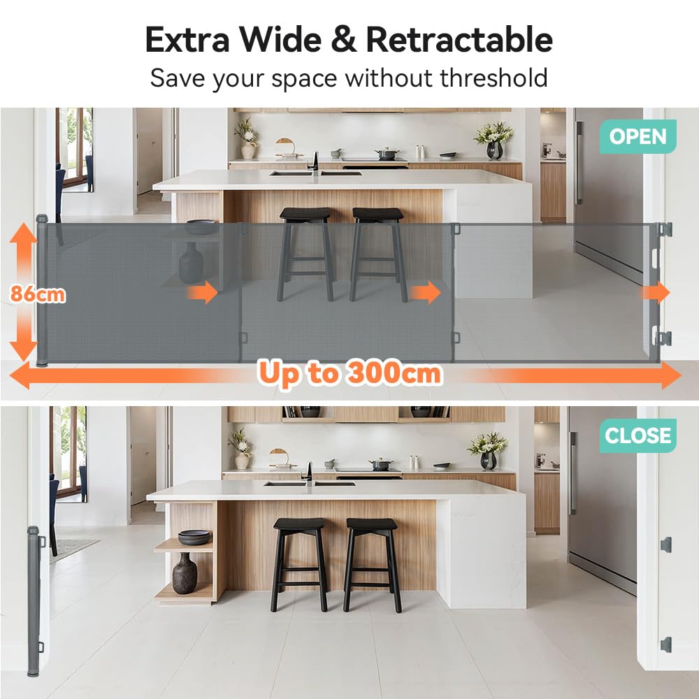 COMOMY 0-300cm Treppenschutzgitter Ausziehbar, Türschutzgitter für Baby, Katzen und Hunde, 86 cm Hoch Türgitter Treppengitter, Babygitter Absperrgitter für Treppen/Türen/Auße, Grau
