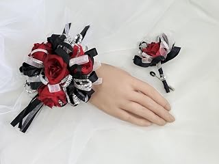 Ting & Cecilly Rose Wedding Corsage and Boutonniere Set, Floral Accessories for Wedding Flower Accessories Prom Suit Decorations (Black & Red)
