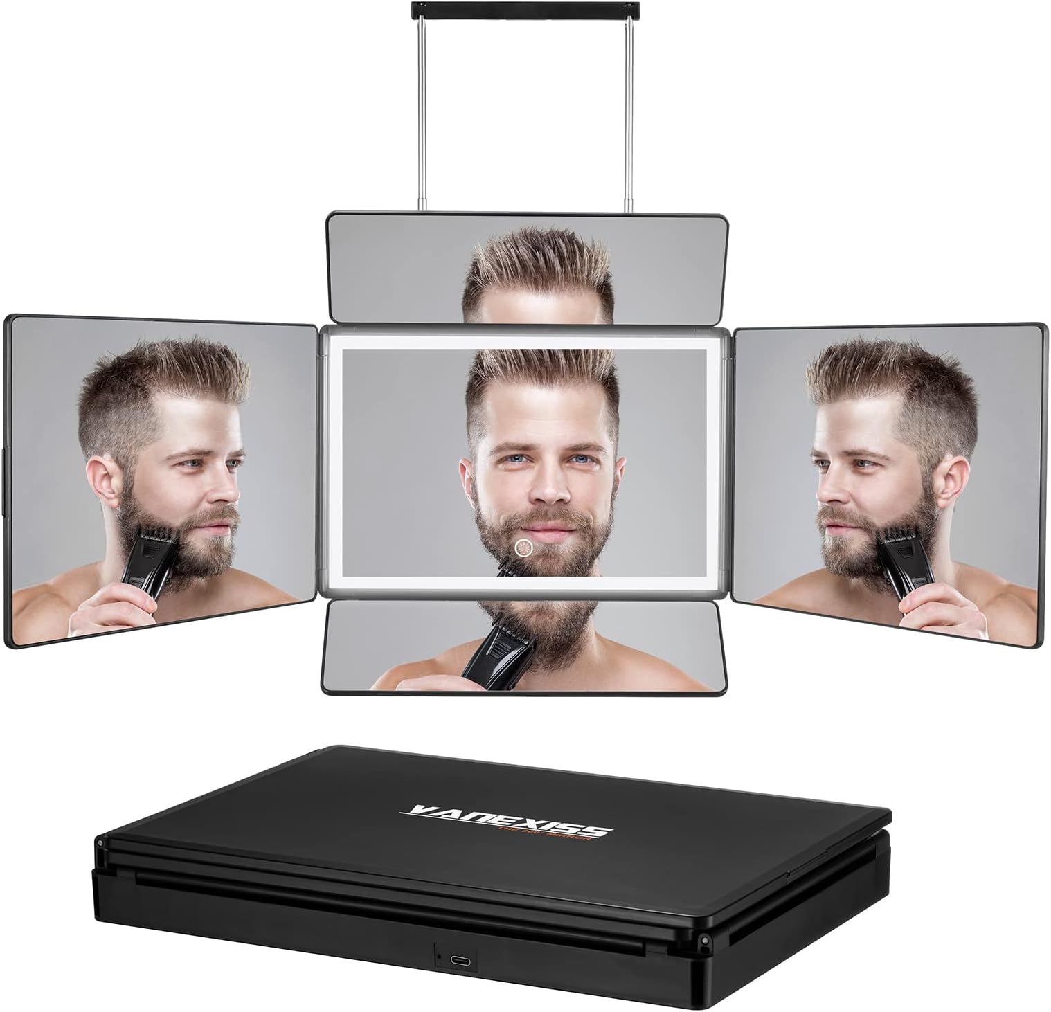 Rechargeable 5 Way Mirror for Hair Cutting, Real Glass Adjustable Trifold Mirror with Light & Telescoping Hooks for Makeup & Styling - Portable DIY Tool to Cut, Trim or Shave Your Head & Neckline