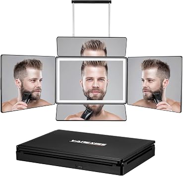 Vanexiss 5 Way Mirror,Barber Mirror for Self Hair Cutting and Brading Hair | Rechargeable Trifold Mirror with Light & Adjustable Telescoping Hooks for Makeup & Styling