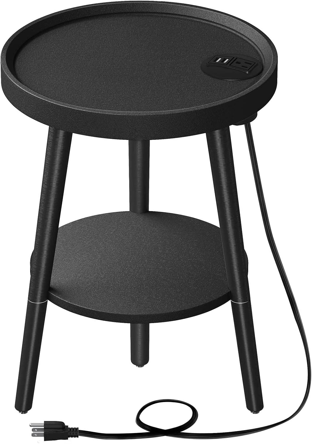 GREENSTELL End Table with Charging Station, Round Side Table with Storage Shelf, USB Ports and Anti-drop Fence, 2-Tier Small Nightstand Sofa Table for Living Room, Bedroom Black 15.0*15.0*20.4inches