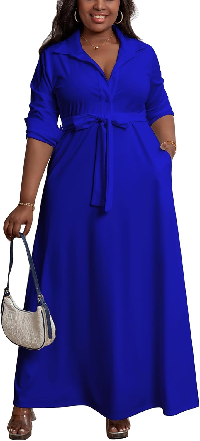 Plus Size Dresses for Curvy Women Stretchy Shirt Dress with Belt Pockets