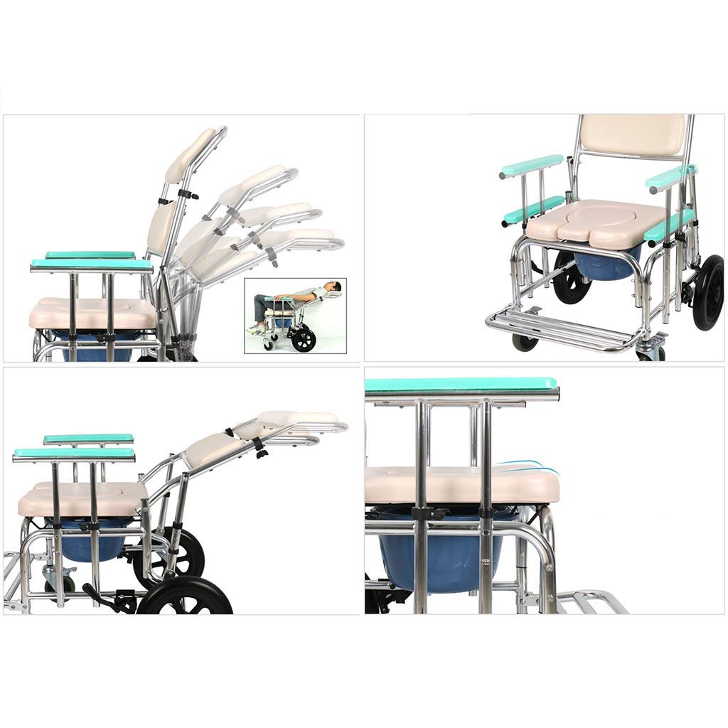 Krzesło toaletowe Commode, składane krzesło toaletowe Bedside Commode dla seniorów z kółkami Regulowane oparcie/osłona przeciwbryzgowa/schowek/pokrywa Solidne i łatwe w montażu