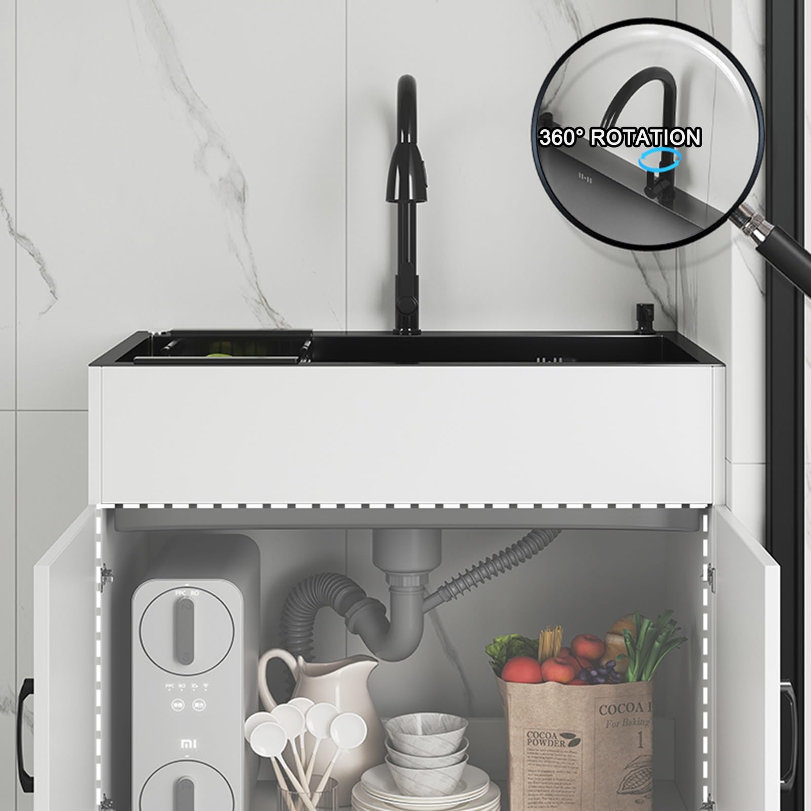 Mobile da bagno con lavabo, Lavello in Acciaio Inox Commerciale a Vasca Singola, Mobiletto Sottolavello Cucina con Rubinetto, per Ristorante, Cucina, Lavanderia(68x45cm/26.7x17.7in,Black)
