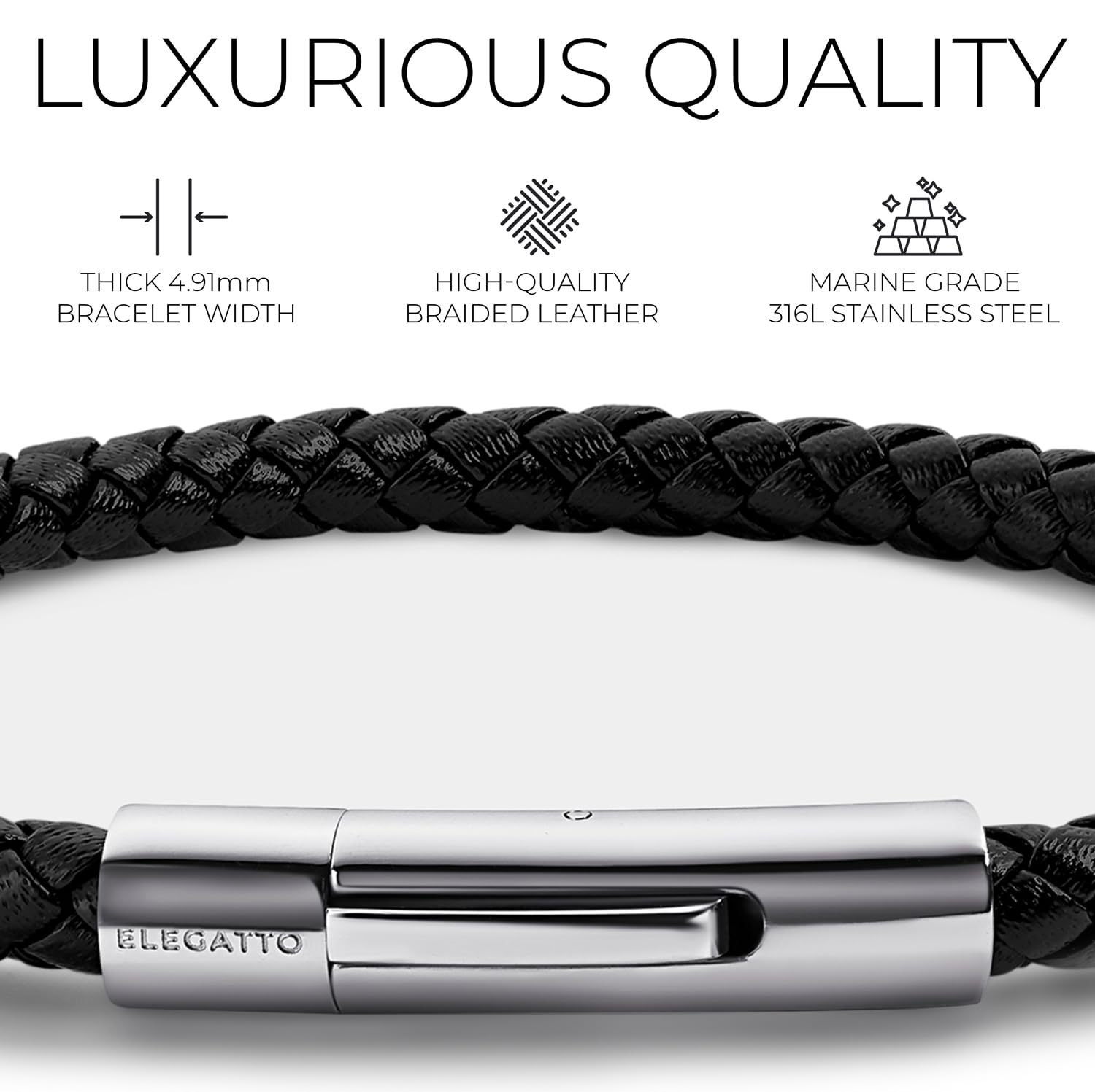 Elegatto Elagio - Pulsera de cuero trenzado de alta calidad para hombre, cuero trenzado de grano completo con cierre de acero inoxidable pulido de plata de ley, pulseras de diseño para hombre
