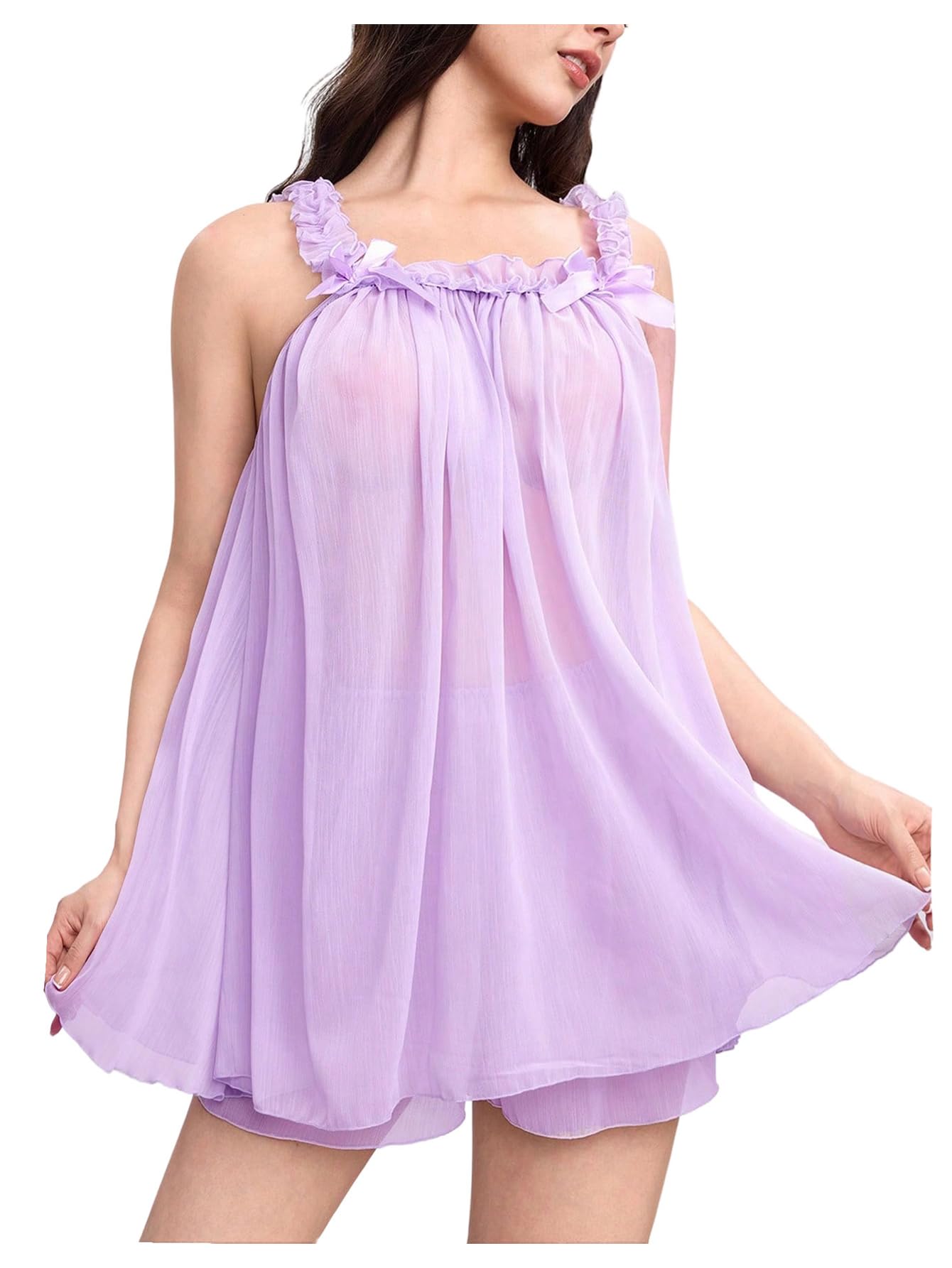 MakeMeChic Women's 2 Piece Sexy Lingerie Dress Set Bow Babydoll Nightgown