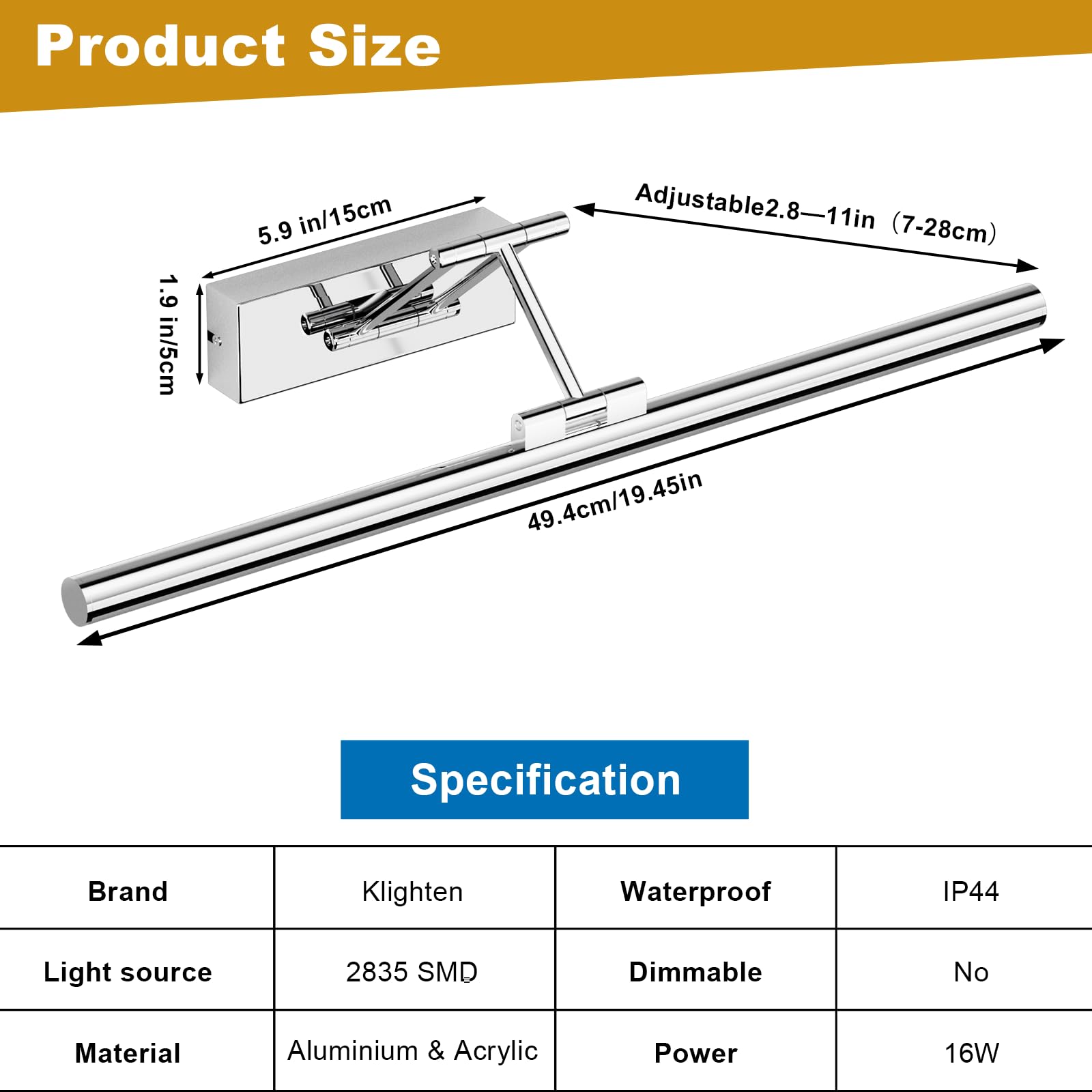 Klighten LED Lámpara de Espejo LED 50cm, Lámpara de Espejo 16W 1200 LM,Lamparas Espejo Giratorias para Baño IP44,Aplique de Espejo de Baño, Blanco Frio 5500K, Chrome