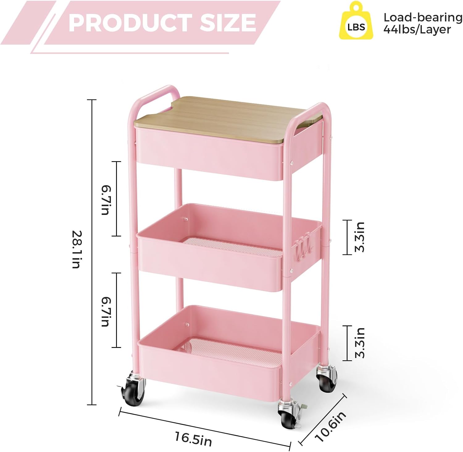 Diagram showing dimensions of the 3-Tier Rolling Utility Cart