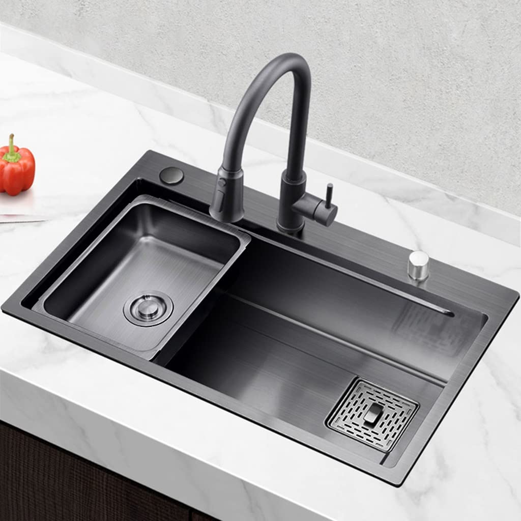 Lavello da Cucina, con Rubinetto, Lavello da Cucina Ispessito Nero Nano, Lavello da Bar in Acciaio Inossidabile, Installazione A Incasso O Sottotop, Facile da Pulire/Nero