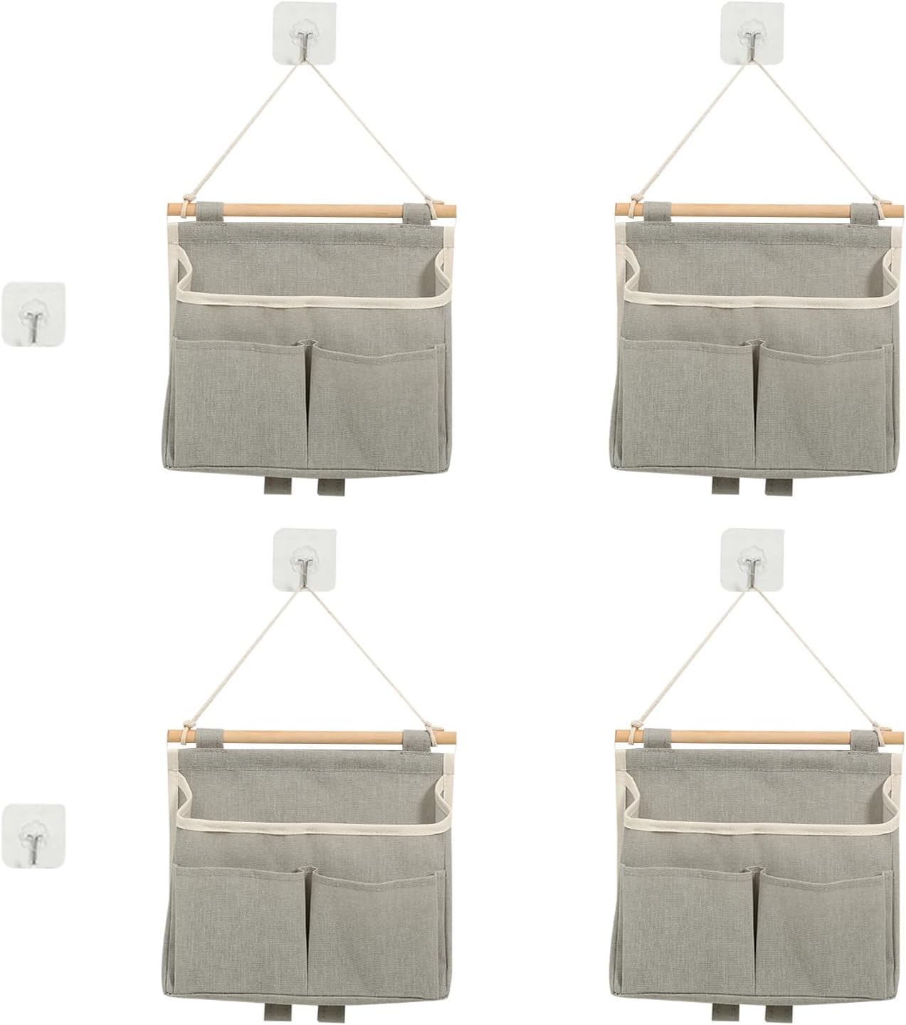 4 Pcs Wall Hanging Storage Caddy Bags, Wall Hanging Organizer Bag with Hooks, Linen Cotton Fabric Hanging Wall Door Organizer, Waterproof Hanging Pouch File Magazine Wall Mount Organizer for Bedroom