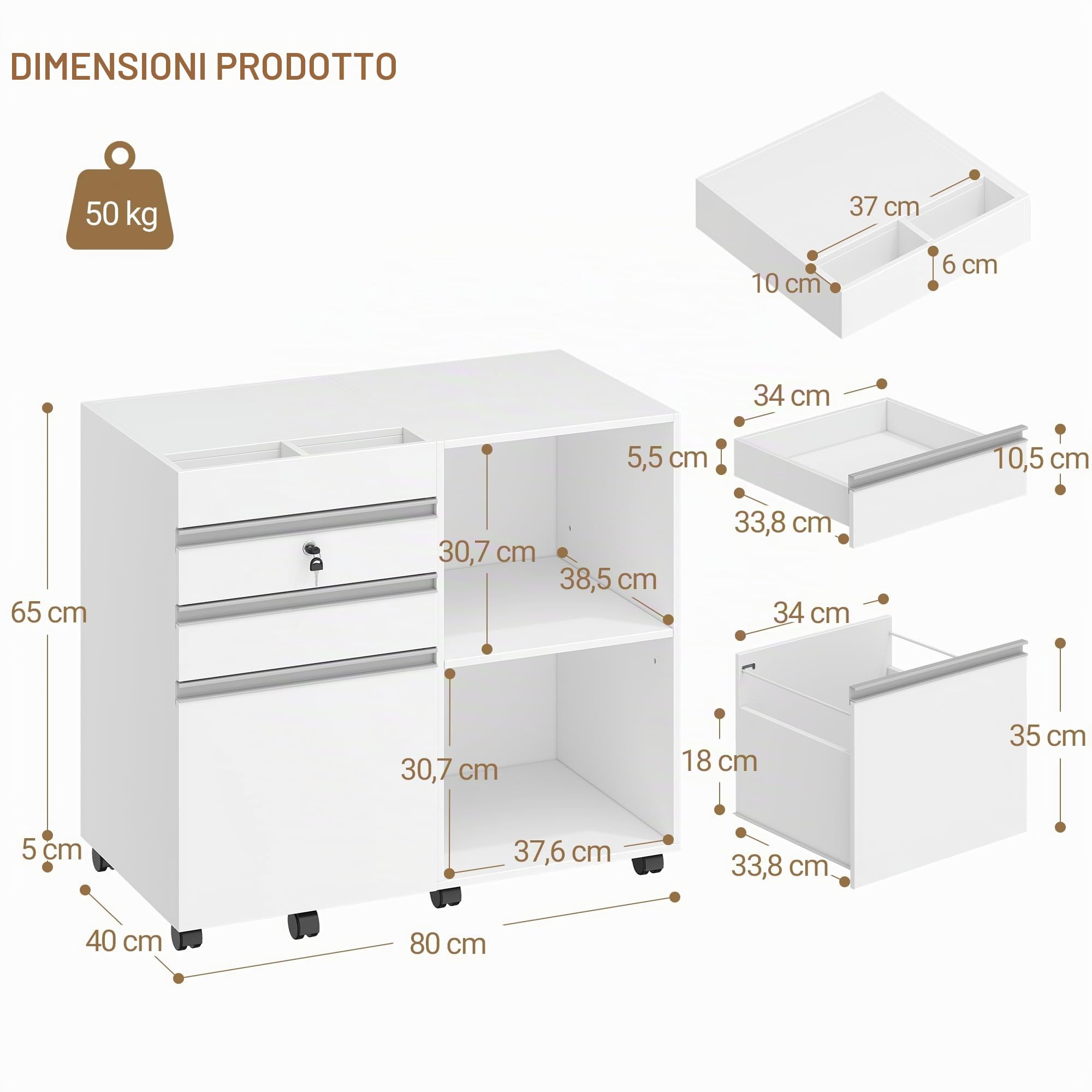 Hzuaneri Cassettiera Scrivania con Ruote, 3 Cassetti e Serrature, 2 Ripiani Regolabili, Mobile Porta Stampante, Ufficio, Studio, Bianco FC42003X