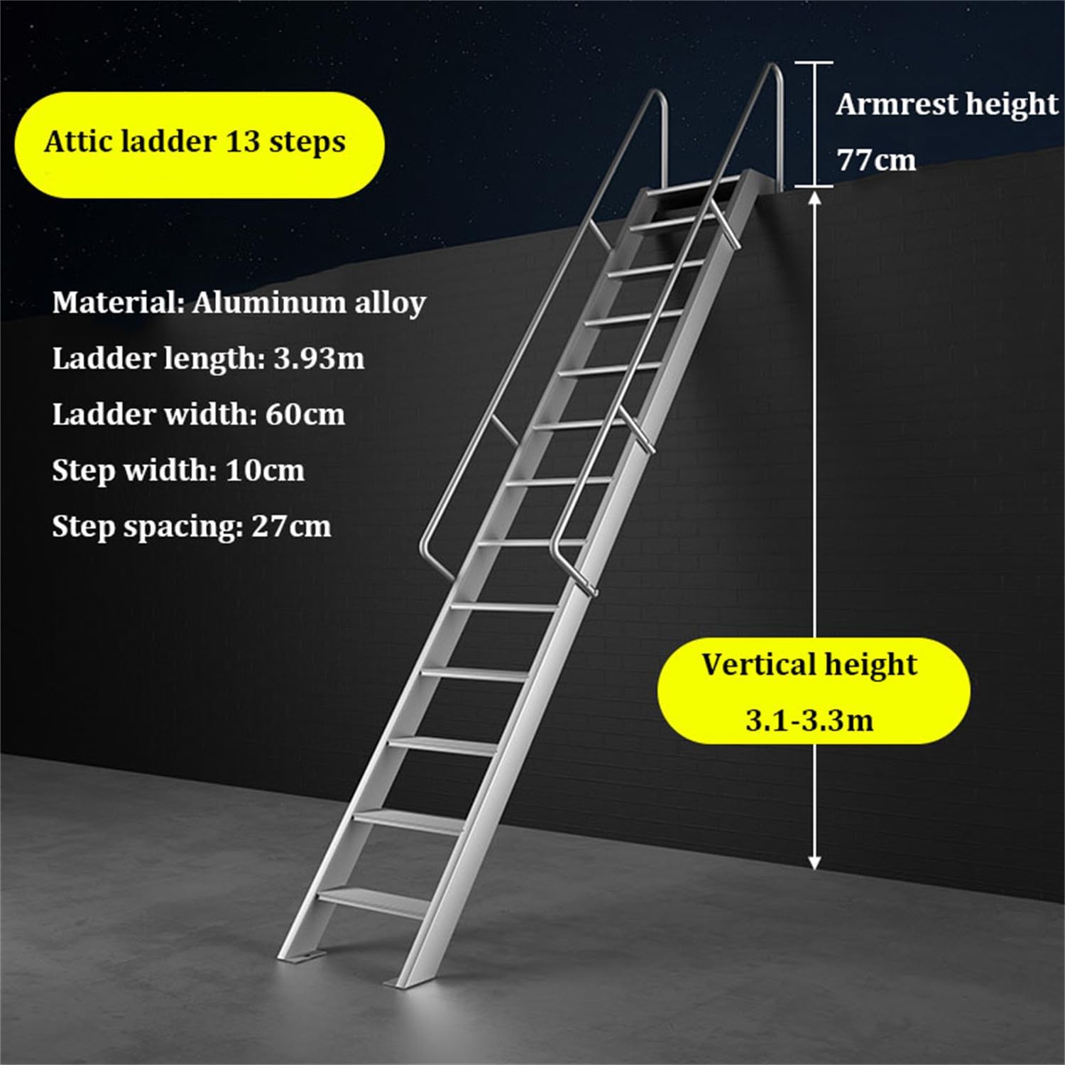Foldable Aluminum Loft Ladder, Aluminum Alloy Welded Step Ladders with Removable Handrails and Non-Slip Pedals,Basement Egress Ladder, for Household Daily Outdoor Activities,13 Step