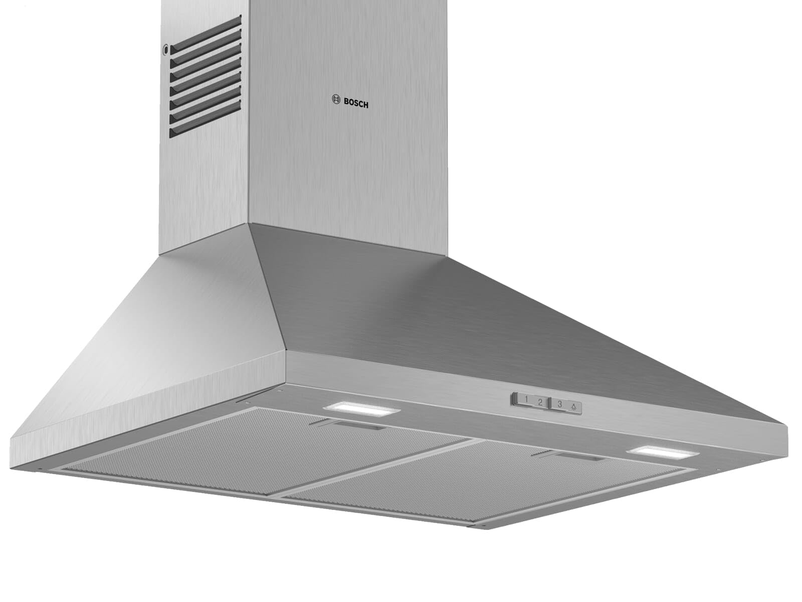 Bosch DWP64BC50 Serie 2 Wandesse, 60 cm breit, Um- & Abluft, Made in Germany, LED-Beleuchtung gleichmäßige Ausleuchtung, Drucktastenschalter, 3 Leistungsstufen, Metallfettfilter spülmaschinengeeignet