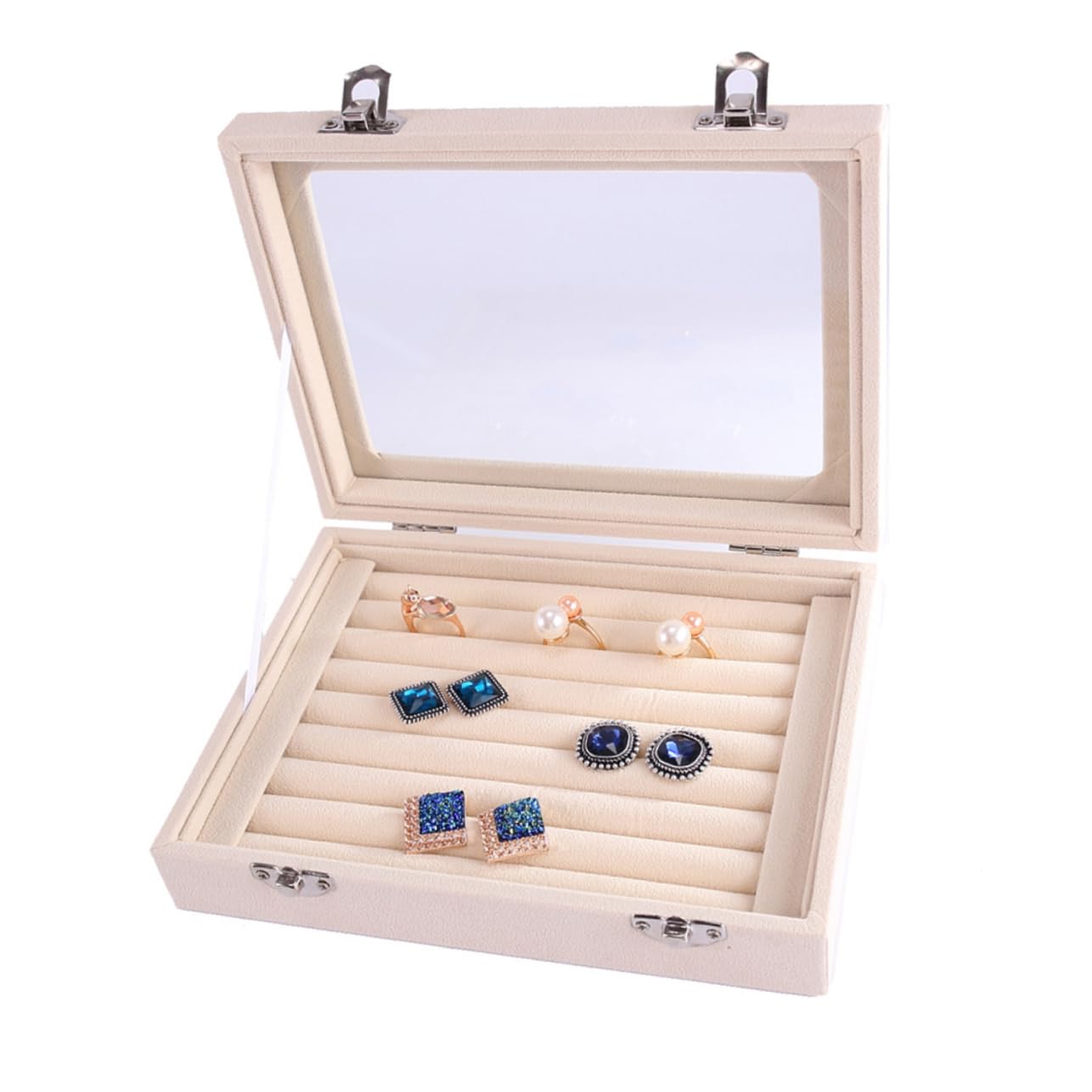 SHERCHPRY 2piezas Organizador De Joyería Tapa Transparente y Cerraduras De Seguridad Caja De Almacenamiento Para Anillos y Pendientes Para Niñas y Mujeres Compacto Beige