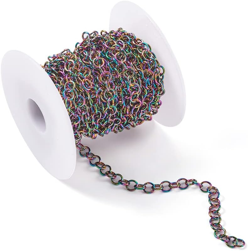 KISSITTY 5m Rainbow 304 Stainless Steel Rolo Chains Belcher Chain Colorful Link Jewelry Chains 5x5x0.9mm for Necklaces Bracelets Anklets Jewelry Making with Spool