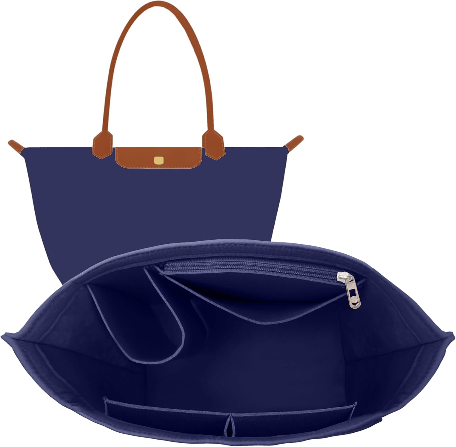 Felt Purse Organizer Insert for Longchamp Le Pliage Original/Energy/Club/Neo Large Tote, Trapezoid Handbag Liner with 7 Multi-Purpose Pockets, Beige (11.37" W x 6.69" D x 9.84" H)