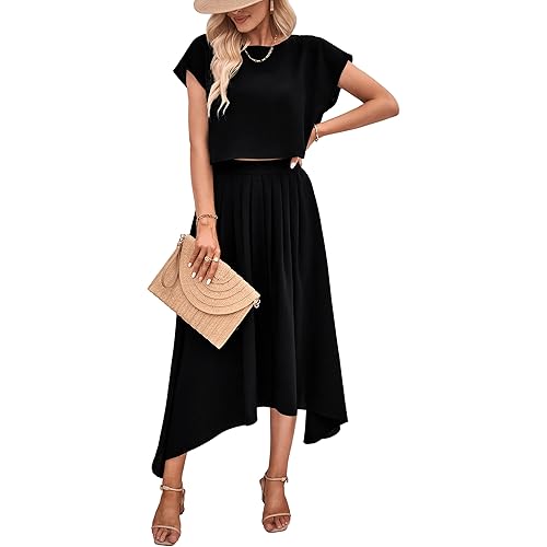 ECOWISH Women's Two Piece Outfits Summer 2023-2 Piece Dresses Cap Sleeve Crop Tops Pleated Irregular Midi Skirt Set