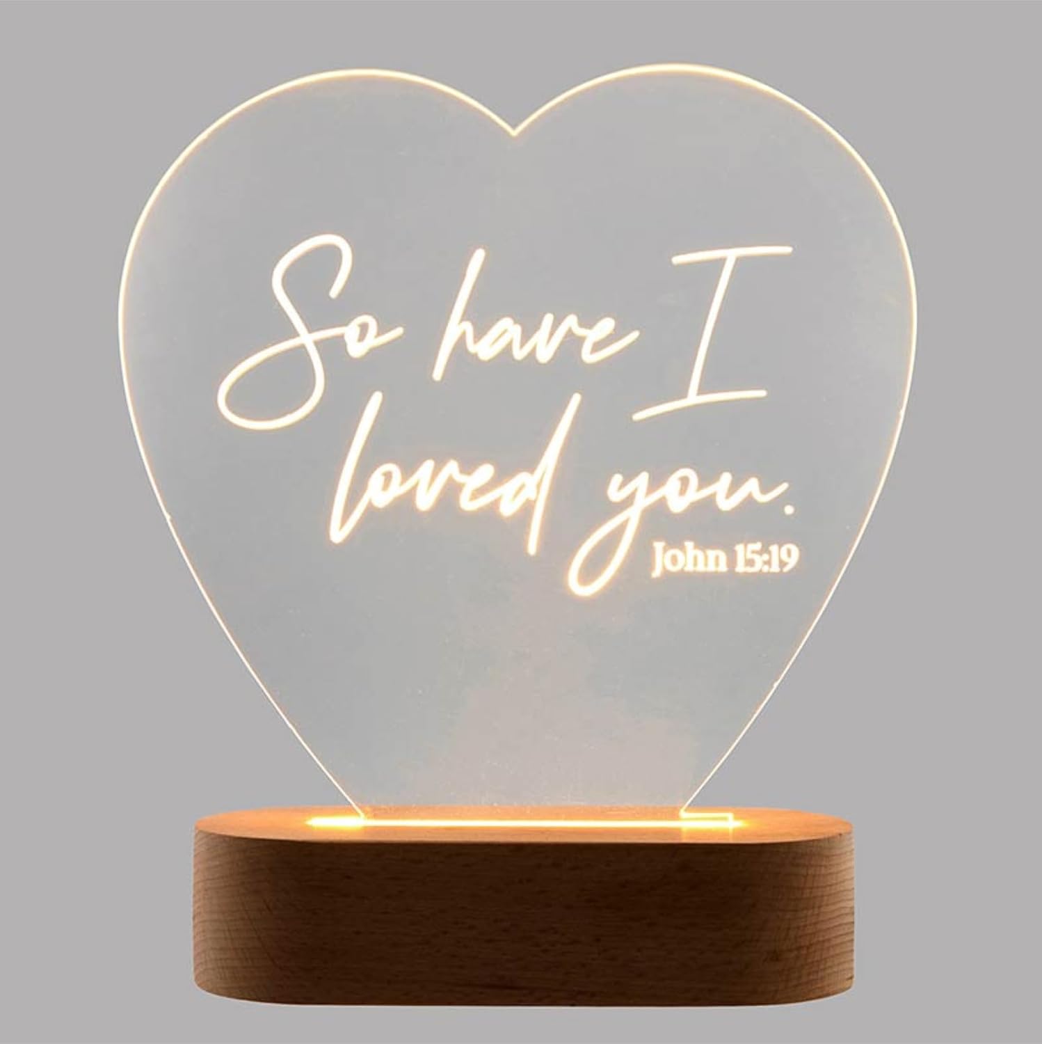 Faithworks LED Desk Lamp Heart-Shaped Acrylic Light with Wood Base USB, 7" x 8", So Have I Loved You