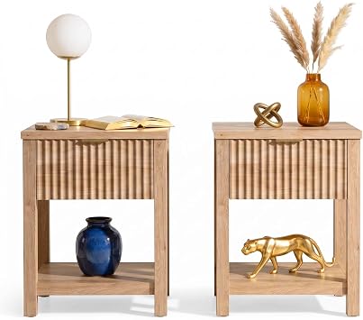 Fluted Nightstand Set of 2 with Drawer and Open Shelf,Oak