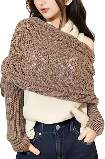 Womens Multifunctional Scarf with Sleeves Knitted Cable Wrap Boho Crochet Cocoon Shrug Sweater Scarf with Sleeves