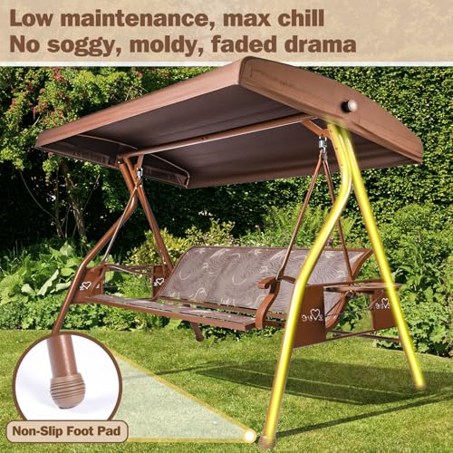 Image of ZZW 3 Person Patio Swing Outdoor Swing for Adults with Adjustable Canopy &Upgraded Cup Holders Textilene Fabric Porch Swing Chair with Stand Heavy Duty 800 LBS