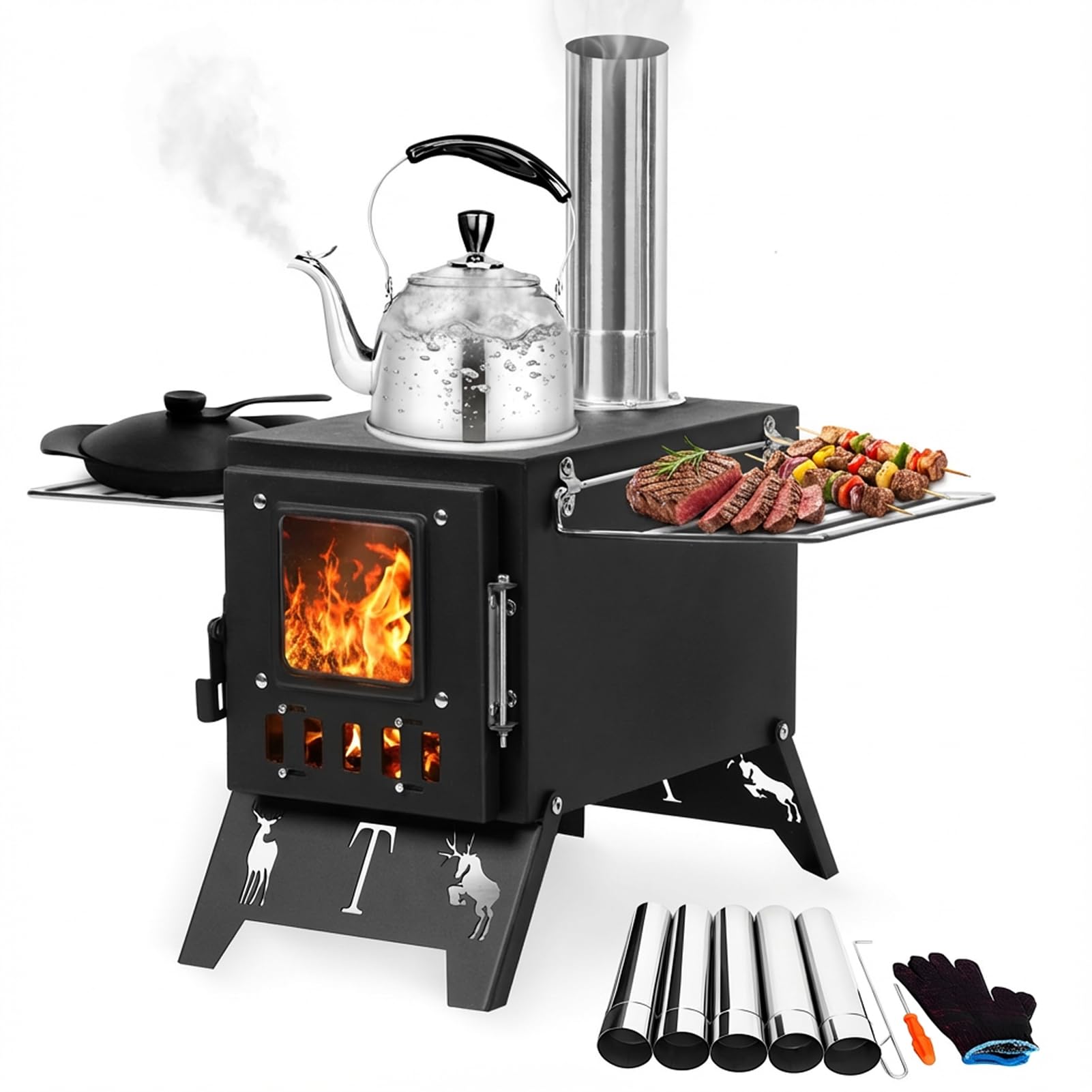 Portable Folding Wood Burning Camping Stove, Hot Tent Stove for Outdoor Heating & Cooking, Ice Fishing, Hunting, Camping include Pipes Black