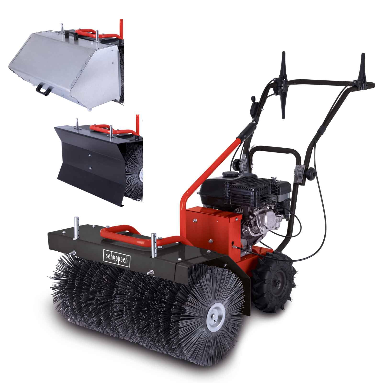 Scheppach Benzin Kehrmaschine SC2700P inkl. Schneeschild & Auffangbehälter | Schneefräse mit 700mm Kehrbreite | Flächenleistung 3000 m²h | Bürsten-Ø 350mm | 4,1W / 5,5PS | 1x Vor- 1x Rückwärtsgang
