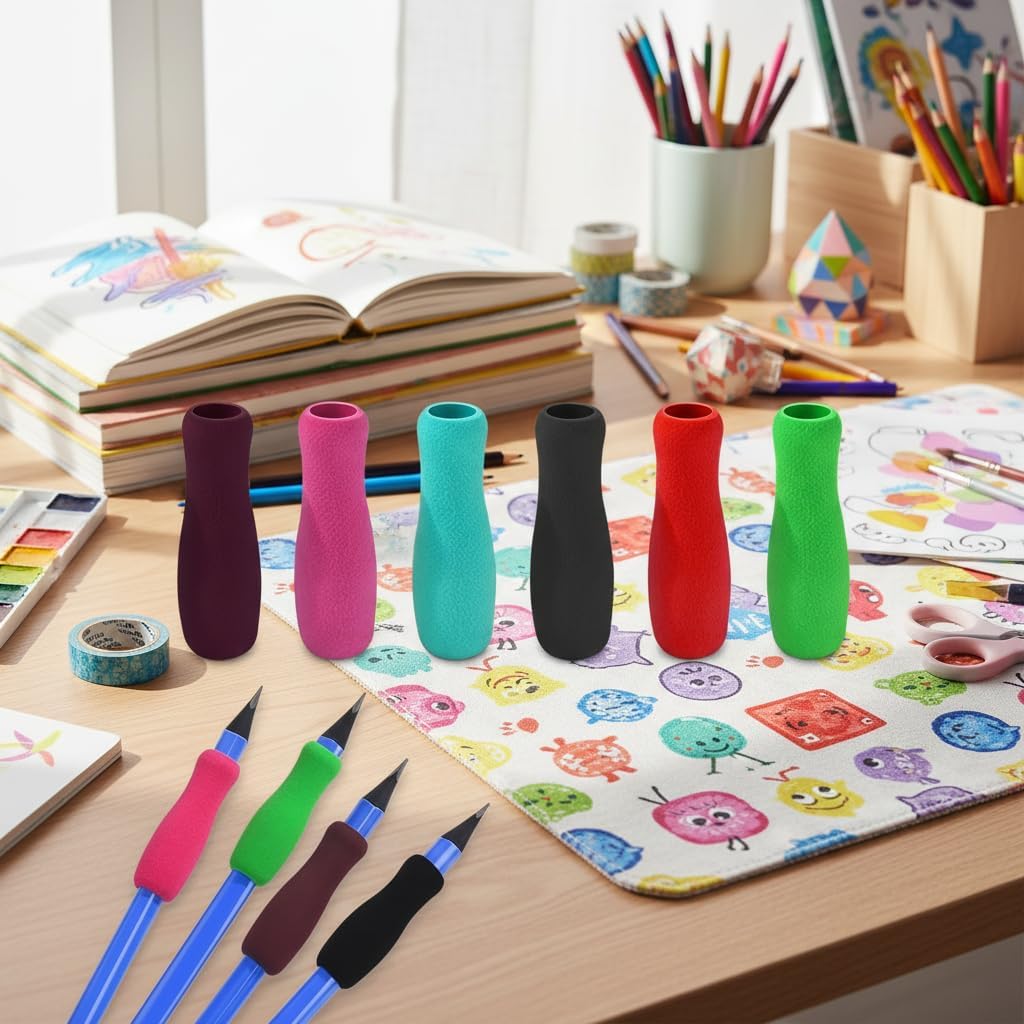 6Pcs Colour Special Supplies Foam Pencil Grips Soft Foam for Adults,Open Slip Insert Pen Paint Brush Holder Ergonomic Right Left-Handed Use for Handwriting, Drawing, Coloring Education and Crafts