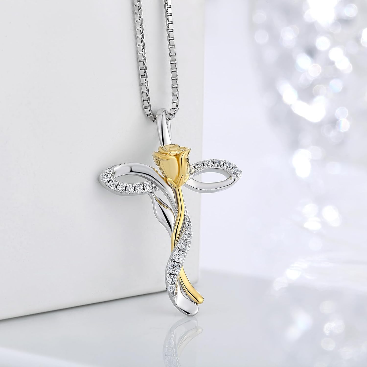 18K White Gold Crose Rose Infinity Necklace for Women s925 Sterling Silver Infinity Rose Flower Cross Pendant Necklace Jewelry for Women