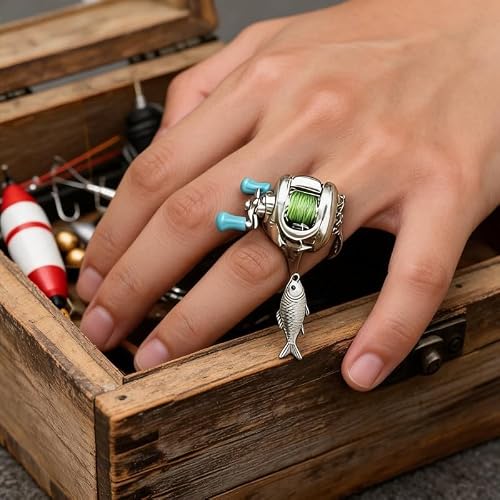 NbgrvB Ensemble de bijoux avec mini moulinet de pêche en alliage et chaîne réglable de 60 cm - Breloque compacte et légère pour les amateurs de pêche - Collier d'anniversaire + bague – vue 4