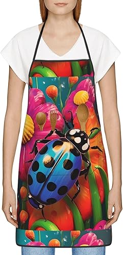 Miniatura 9 de Unisex Apron With Pocket, Colorful Ladybird Chef Apron For Cooking, Bbq & Crafts, Spillproof Kitchen Protection Bib With Large Utility Pocket For