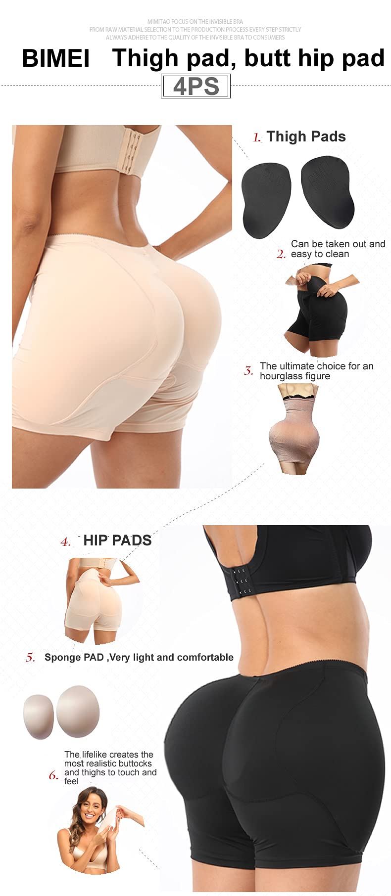 BIMEI 4PS Offener Schritt Schwamm Oberschenkelpolster Hüfte Polster Damen Butt Lifter Hüfte Padded Panty Shapewear