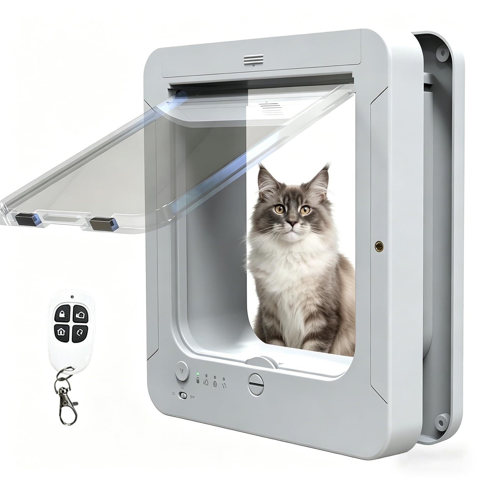 Puerta con Microchip y 2 Llaves de Collar | Para gatos/perros: apertura microchip/mando, bloqueo 4v, resistente/impermeable/térmico, fácil limpieza/montaje, guía.(White)
