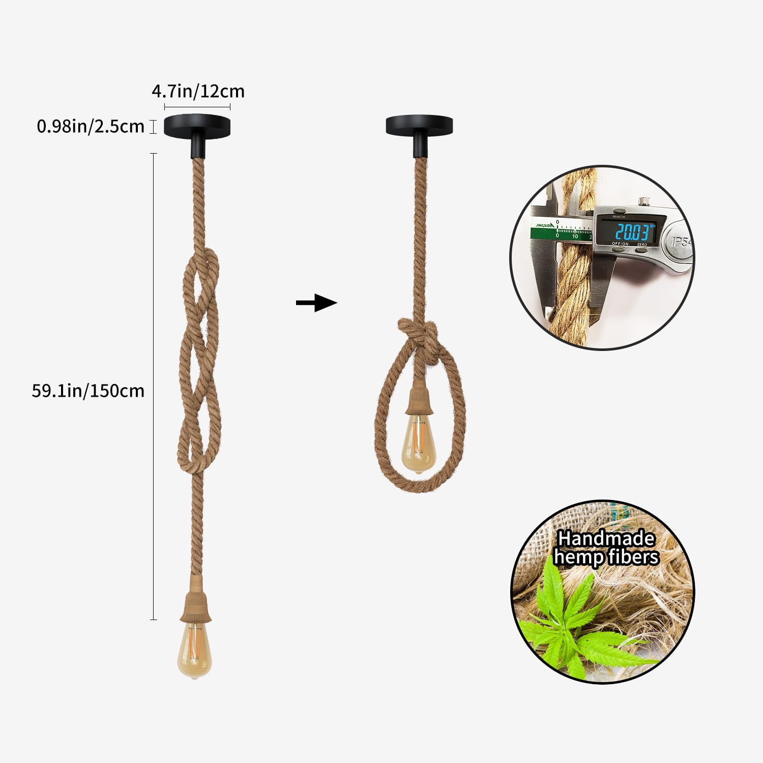 ANWIO Cable Suspension Luminaire, E27 Lustre Industriel en Corde de Chanvre Naturel, Lampe Suspendue 1 Corde, Lustre Plafond Salle à manger, Plafonnier Led Couloir, Loft, Bar