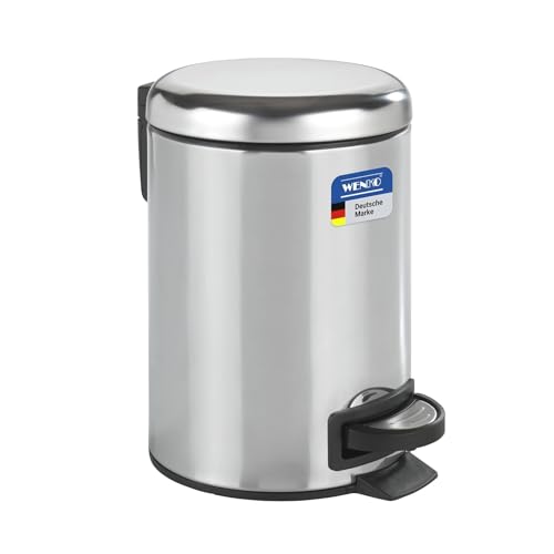 WENKO Poubelle cosmétique à pédale Leman inox brillant | Anti trace | 3 litres | Petite poubelle pour salle de bain avec support à sacs poubelle intégré...