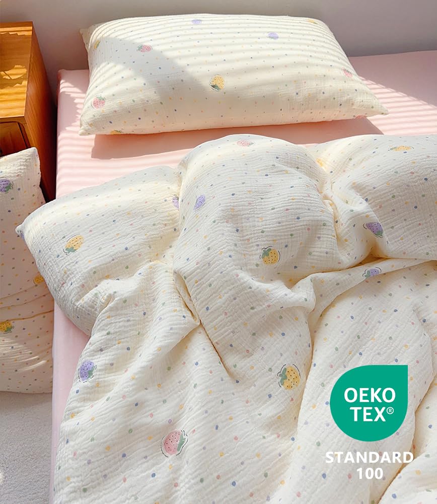 Nayoroom Musselin Kinderbettwäsche 100x135 cm Baumwolle Bettbezug mit Kissenbezug 40x60 cm Oeko-TEX Standard Bunte Erdbeeren