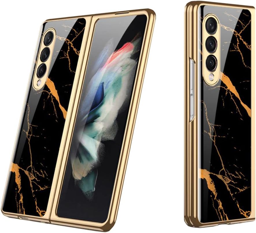 SHIEID Z Fold 4 Case, Galaxy Z Fold 4 Case Ultra-Thin Tempered Glass Phone Case Protective Cover for Galaxy Z Fold 4 Fashion Electroplated PC Back Cover, Gold line Black