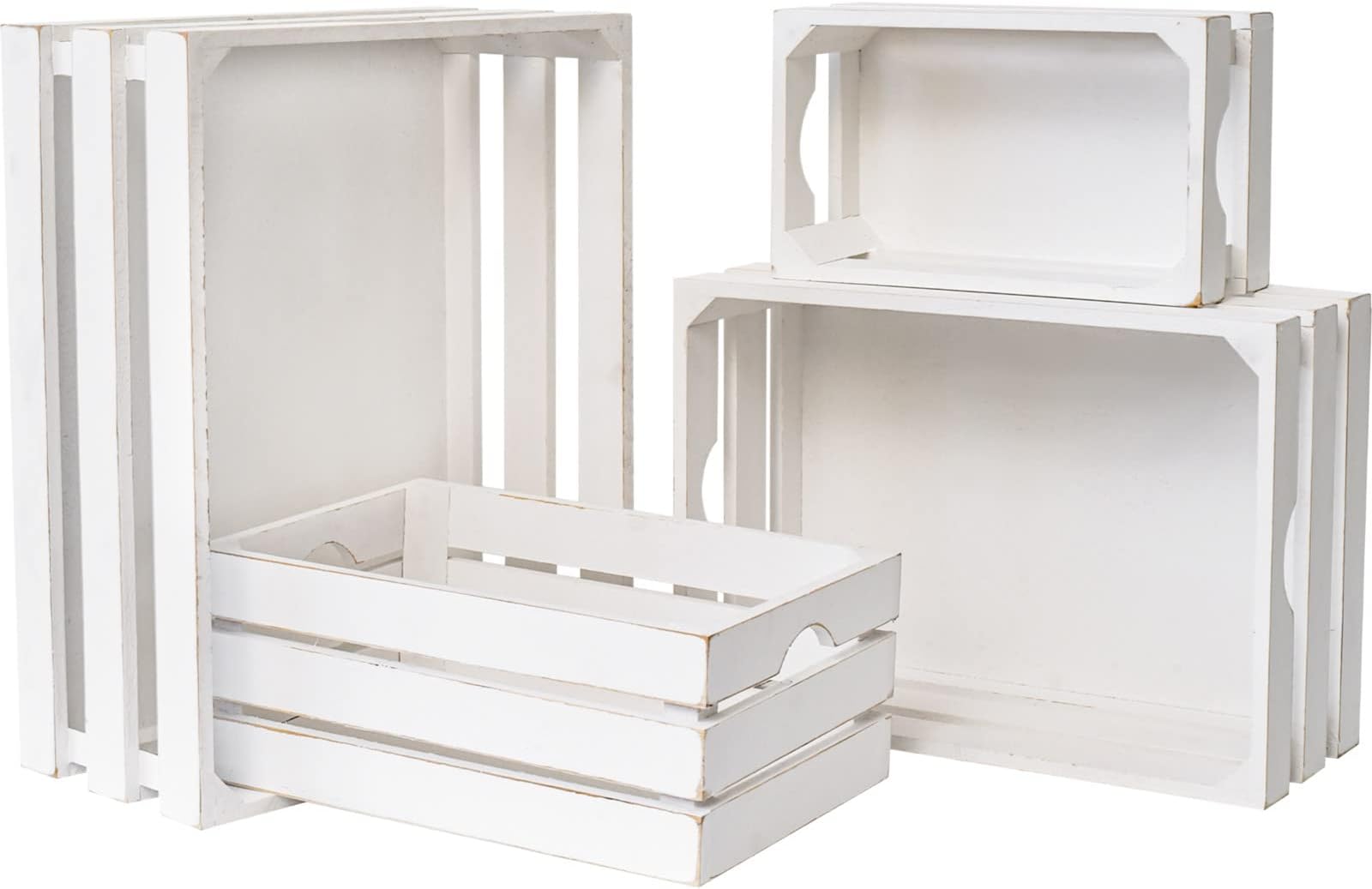 Set of 4 Large Wooden Crates Decorative, Whitewashed Nesting Wooden Crates for Display Rustic, Farmhouse Wooden Storage Container Boxes Made from 100% Wood