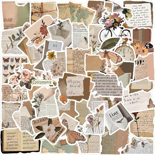Image of Vintage Stickers for Journaling Water Bottles Luggage Phone, 50PCS Retro Boho Aesthetic Sticker for Teens Adults Vinyl Waterproof (Fragment Sticker)