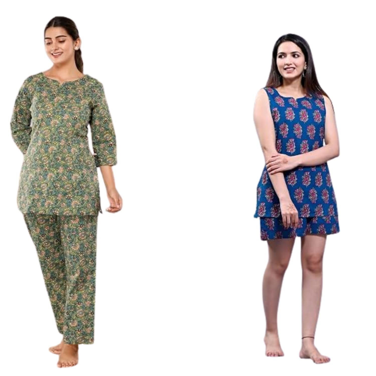 Women Floral Print 02 Topwear (1 Sleeveless top and one is 3/4 Sleeve) and 02 (1 Payjama or 01 Short) Bottom wear Cotton KCC160 Green or Navy Blue 4 Night Suit Set-image-26