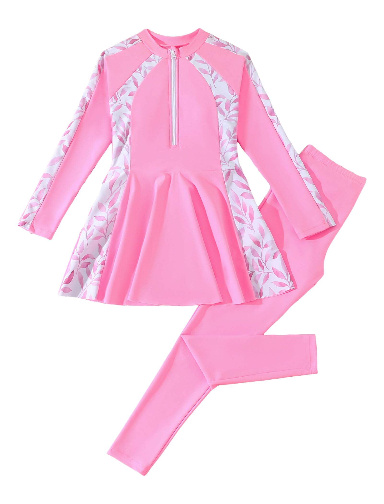 Costume da bagno modesto per ragazze, 2 pezzi, a maniche lunghe, con cerniera frontale, top e leggings per spiaggia, vacanze, piscina, surf, età 8-12 anni
