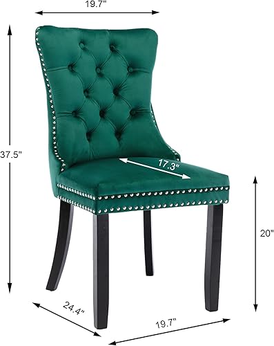 Miniatura 2 de Juego de 4 sillas de comedor de terciopelo verde, sillas de comedor tapizadas con anillo trasero y patas de madera maciza, sillas de cocina con