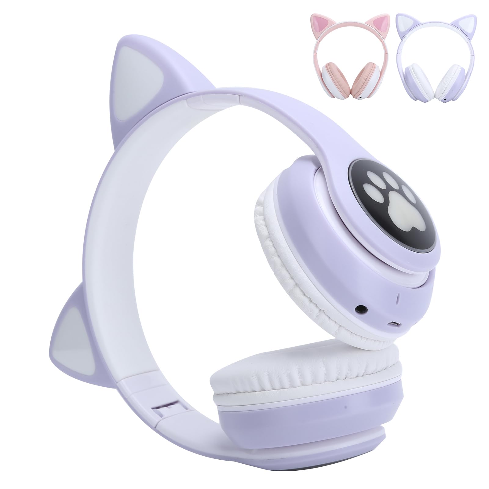 Cyrank Auriculares Inalámbricos, Auriculares Bluetooth 5.0 Lindos Auriculares para Juegos con Orejas De Gato con Luz LED Auriculares Inalámbricos para Juegos(Púrpura)