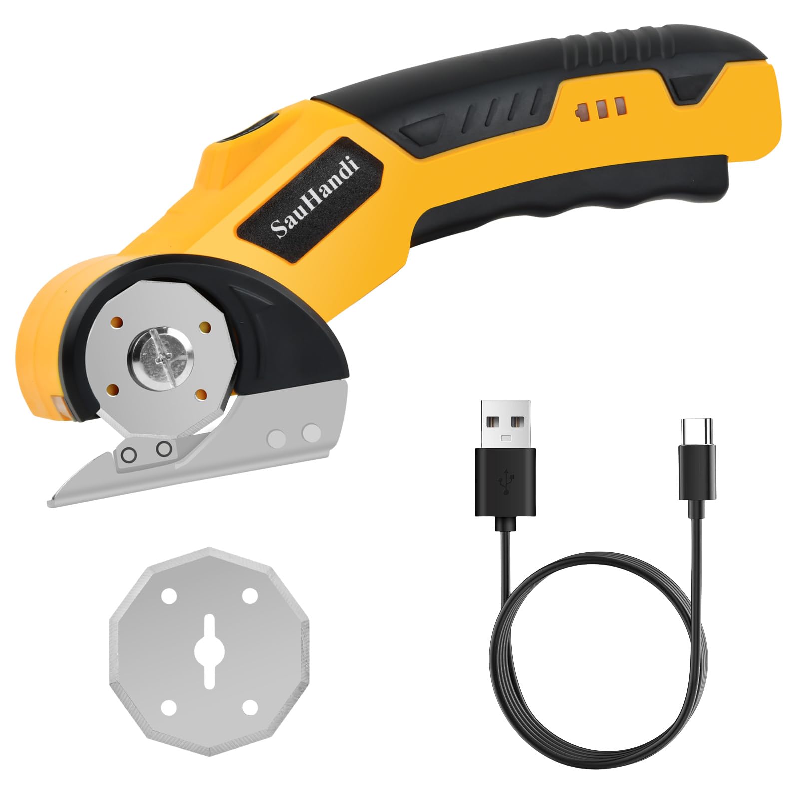 Focenat Light Cardboard Cutter Electric Scissors, 4V Wireless Rotary Cutter, Universal Cordless Tool, Rechargeable Fabric Scissor, With 2 Blades For Cardboard, Carpet, Leather, Felt, Plastic