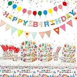 🍹 Práctico y Alegre para Toda Ocasión – El mantel cumpleaños, las pajitas rojas, los banderines decorativos y la guirnalda feliz cumpleaños crean una mesa lista para sorprender en casa, colegio o jardín.