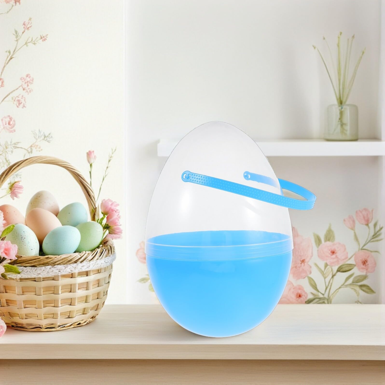 Lot de 3 Œufs de Pâques Géants 25 Cm à Remplir avec Poignée Plastique Léger Transparent Bleu Œufs Creux Décoration DIY et Panier de Pâques