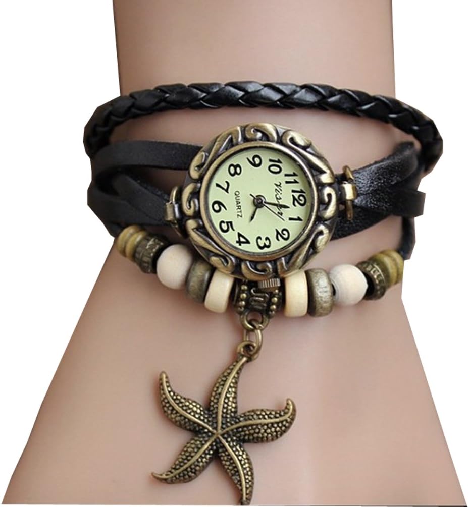 Fashion Weave Starfish Around Starfish Leather Bracelet Lady Woman Wrist Watch + Gift box